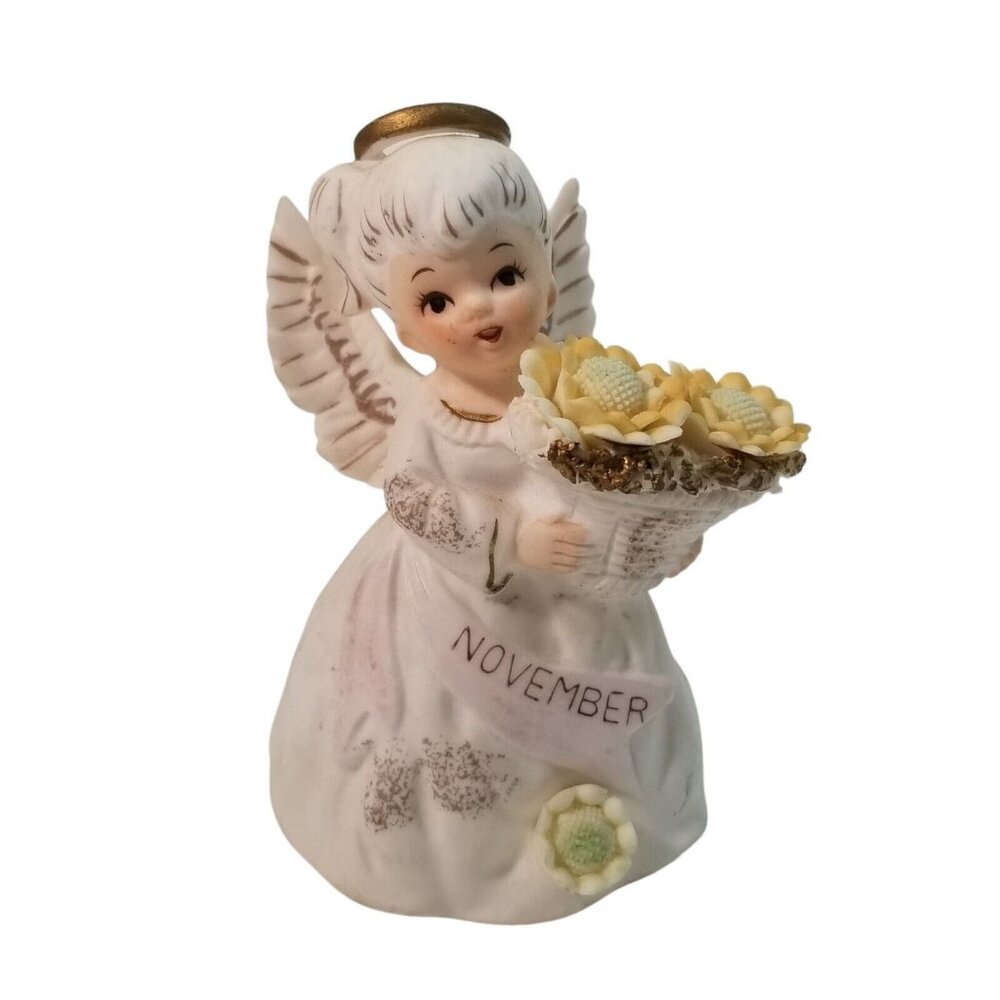 November Angel Figurine Vintage Lefton Japan Birthday 4” Figure Girl Flowers
